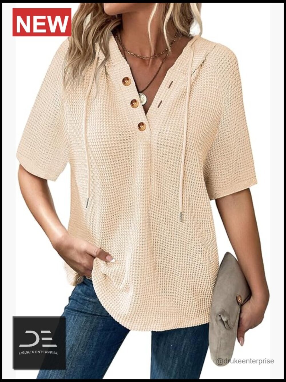Oversized Waffle Knit V-Neck Drawstring Hooded Pullover Sweatshirt